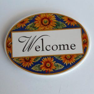 Welcome Door Plaque Sunflowers Blue Background Hanging Ceramic Wall Sign 8.25"
